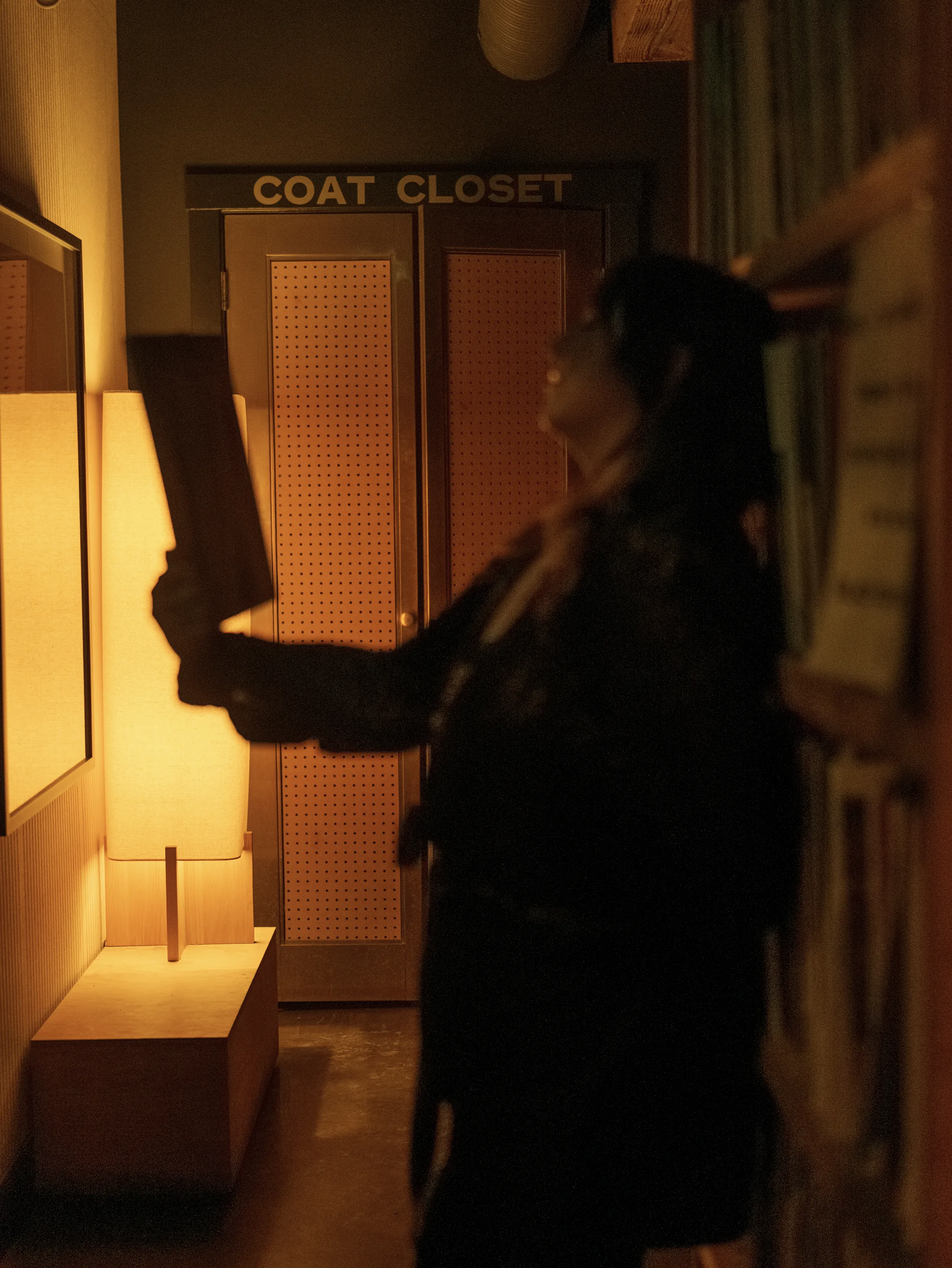 Warm cinematic interior hallway with a silhouetted figure near a coat closet